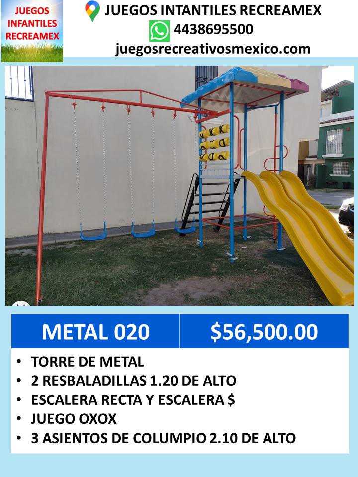 modulo de metal con resbaladilla de metal, columpios, escalera, juego xoxo